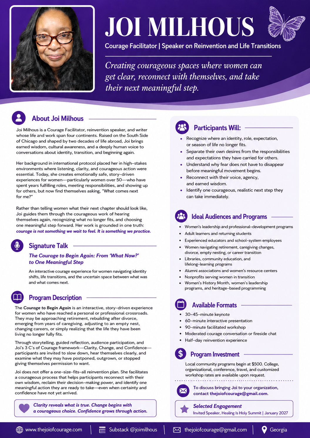 Joi Milhous speaker one-sheet for The Courage to Begin Again.